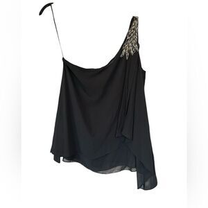 Guess One shoulder Beaded Bling Black Semi Sheer Blouse L